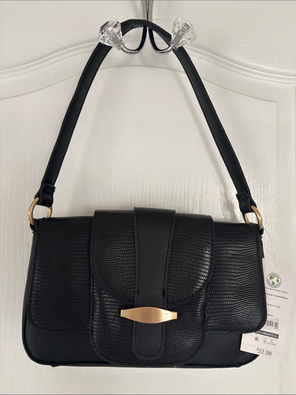 Time and Tru Black Textured Shoulder Bag with Gold Hardware